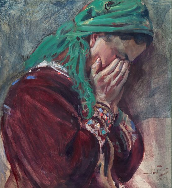 Julian Fałat (1853-1929), „Modląca się dziewczyna”, 1905, gwasz, akwarela, pastel na kartonie naklejonym na tekturę, 42,5 x 40,5  cm,  sygn. p.d.: Jul Fałat / 905