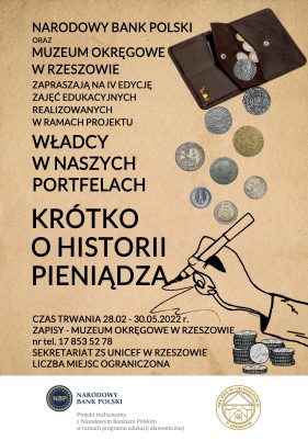 plakat prezentujący program Krótko o historii pieniądza