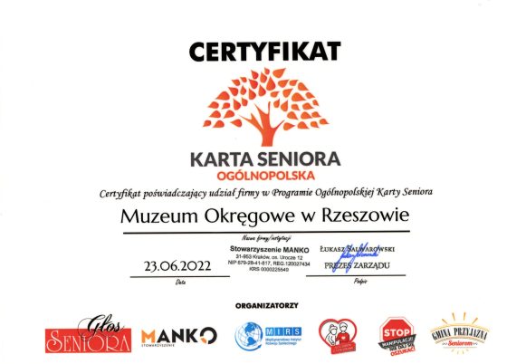 Certyfikat uczestnictwa w programie ogólnopolska karta seniora wystawiony dla Muzeum Okręgowego w Rzeszowie