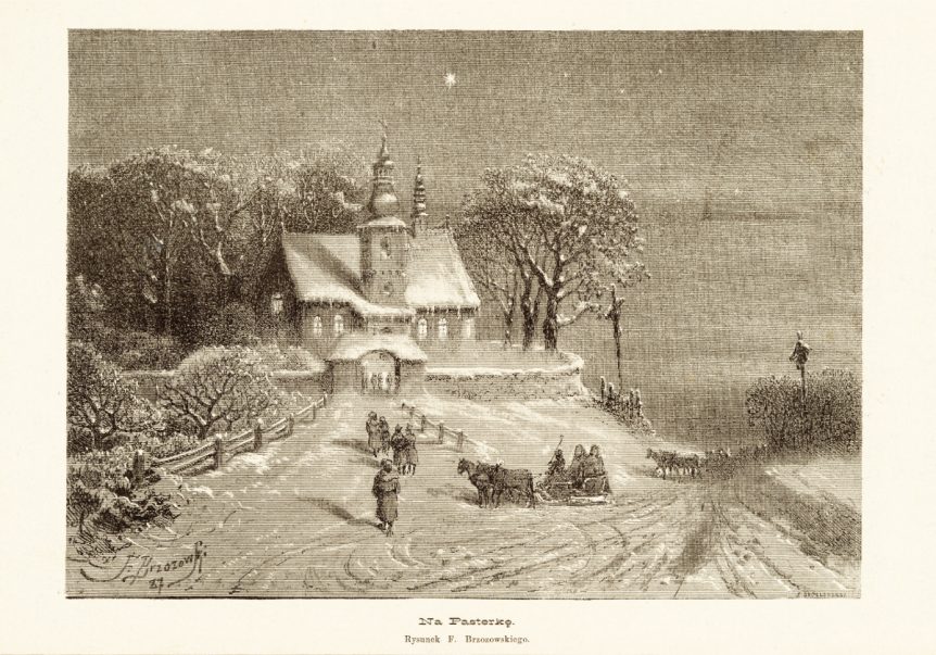Odwzorowanie ryciny pt. "Na pasterkę", przedstawiającą widok Kościoła i idących do niego ludzi w zimowej scenerii