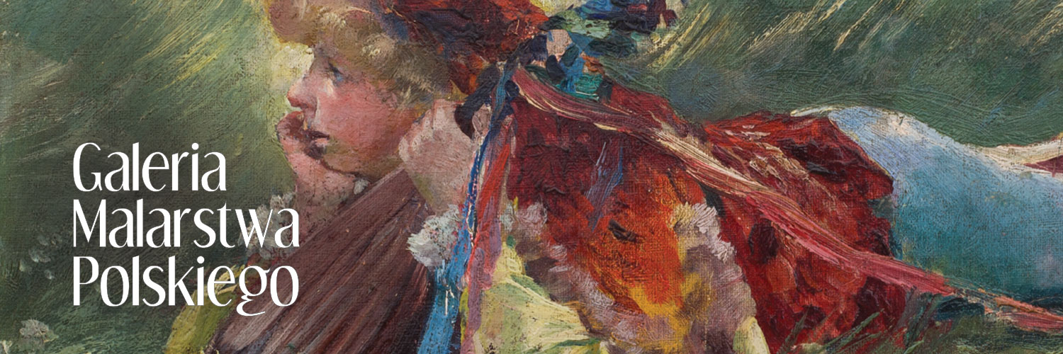 Obraz Leona Wyczółkowskiego, "Paź z lutnią", fragment oraz  napis GALERIA MALARSTWA POLSKIEGO