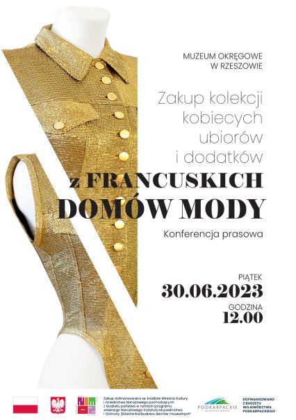 Plakat zapraszający na Konferencję prasową, która odbędzie się w Muzeum Okręgowym w Rzeszowie, ul. 3 Maja 19, 30 czerwca 2023, o godzinie 12:00