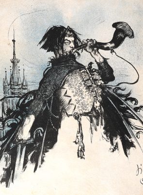 Grafika przedstawiająca Hejnalistę grającego na trąbce na tle architekutury Krakowa.