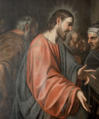 Obraz "Chrystus i jawnogrzesznica" po konserwacji. Fragment obrazu z wizerunkiem Chrystusa