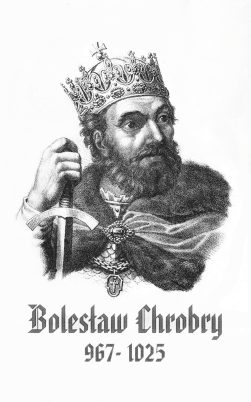 grafika przedstawiająca wizerunek Bolesława Chrobrego i daty 967 - 1025