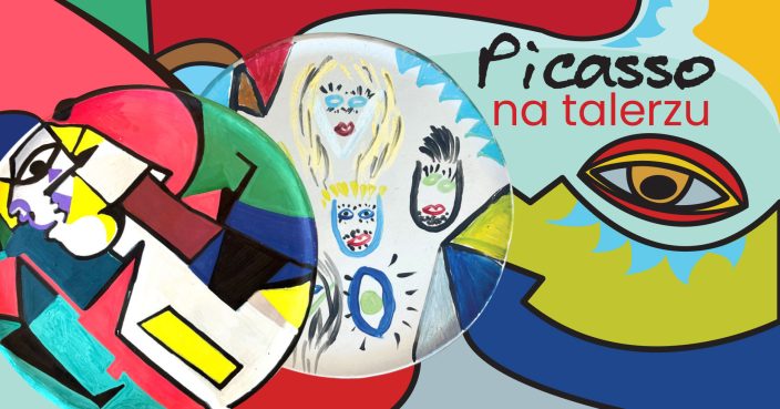 Grafika - talerze z dekoracją w stylu Picassa i napis "PICASSO NA TALERZU"