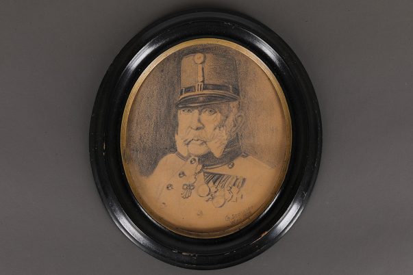 Portret cesarza Franciszka Józefa, Ch. Stoliksen, Wiedeń, 1908, papier, ołówek, w oprawie