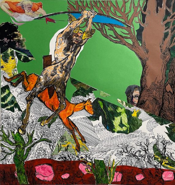 Grzegorz Bednarski, "Maciek jako strzelec", 2018, 51 × 48 cm, kolaż na papierze