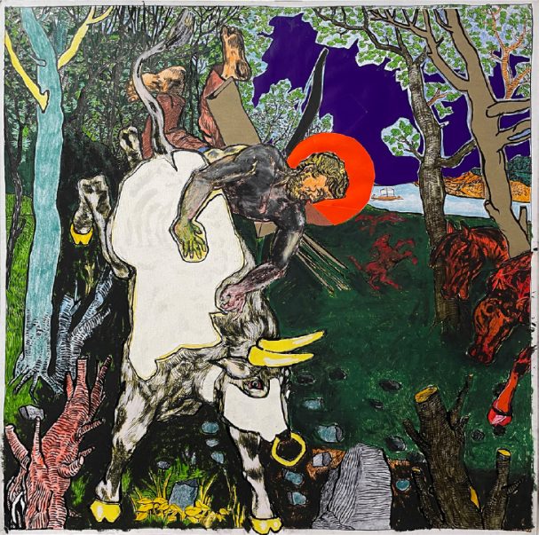 Grzegorz Bednarski, Siódma praca Herkulesa, 2022, 58 × 58 cm, kolaż na papierze