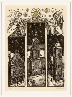 Kartka świąteczna autorstwa B. Kiernasa (grafika przedstawia ratusz, zamek oraz kościół Farny w Rzeszowie)