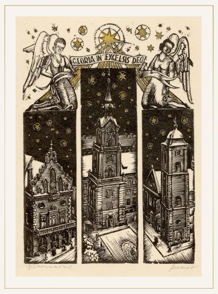 Kartka świąteczna autorstwa B. Kiernasa (grafika przedstawia ratusz, zamek oraz kościół Farny w Rzeszowie)