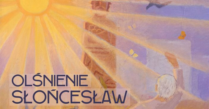 Olśnienie. Słońcesław. Fragment obrazy Franciszka Frączka "Ostatni Autportret". Postać zwrócona w stronę słońca, którego promienie zajmują większą część obrazu, w tle posąg słowiańskiego boga.