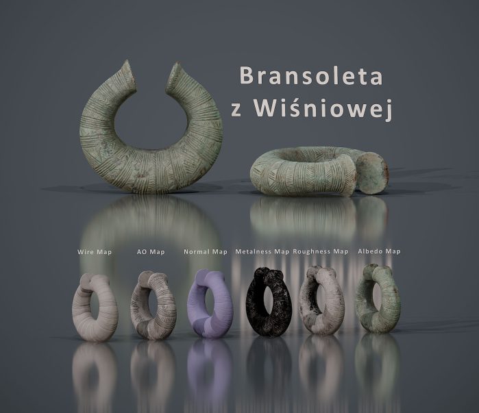 Na ilustracji przedstawiono wizualizację cyfrowej rekonstrukcji 3D „Bransolety z Wiśniowej”. Na ciemnoszarym tle znajdują się dwa ujęcia obiektu: stojąca pionowo, otwarta bransoleta w kształcie grubego, nieregularnego pierścienia oraz jej druga, leżąca perspektywa. Powierzchnia bransolety jest bogato zdobiona gęstymi, poprzecznymi nacięciami tworzącymi rytmiczny, żebrowany wzór. Model ma szarozieloną, patynowaną barwę, przypominającą metal pokryty nalotem.
W górnej części ilustracji, po prawej stronie, widnieje napis „Bransoleta z Wiśniowej”.
W dolnej części przedstawiono sześć wizualizacji map wykorzystywanych do tworzenia materiału 3D. Są one podpisane kolejno: „Wire Map”, „AO Map”, „Normal Map”, „Metalness Map”, „Roughness Map” oraz „Albedo Map”. Każda z nich pokazuje ten sam model bransolety w innej reprezentacji odpowiadającej właściwościom powierzchni i materiału.