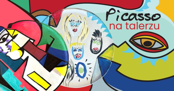 PICASSO NA TALERZU. Kolorowa grafika z molowanymi talerzami i motywami kolorystycznymi z obrazów artysty.