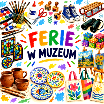 FERIE W MUZEUM. Graficzne przedstawienie warsztatów artystycznych takich jak malowanie, malowanie na sztalugach, na torbach bawełnianych, na szkle, na talerzach, ceramika, spacery, decoupage