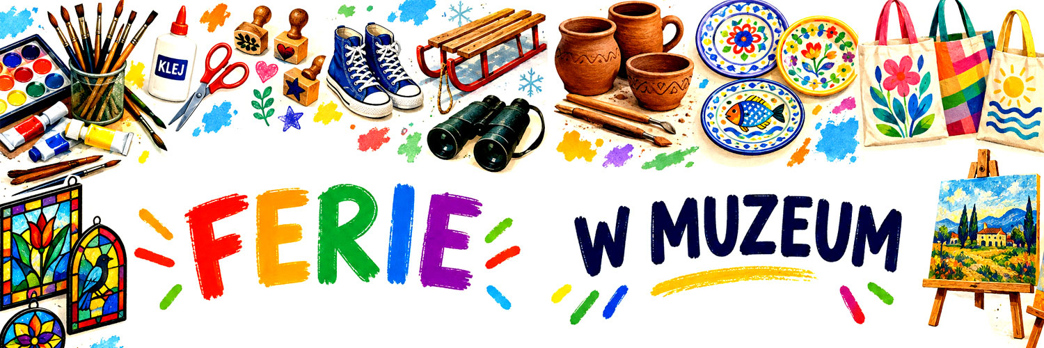 FERIE W MUZEUM. Graficzne przedstawienie warsztatów artystycznych takich jak malowanie, malowanie na sztalugach, na torbach bawełnianych, na szkle, na talerzach, ceramika, spacery, decoupage